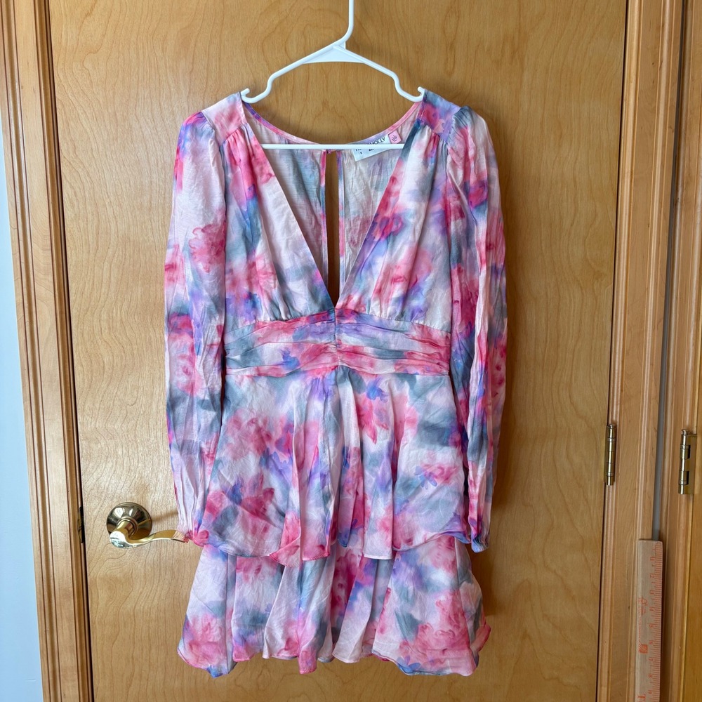 Hello Molly Mini Dress Women Small Pink Floral Tiered Ruffle Open Back V-Neck